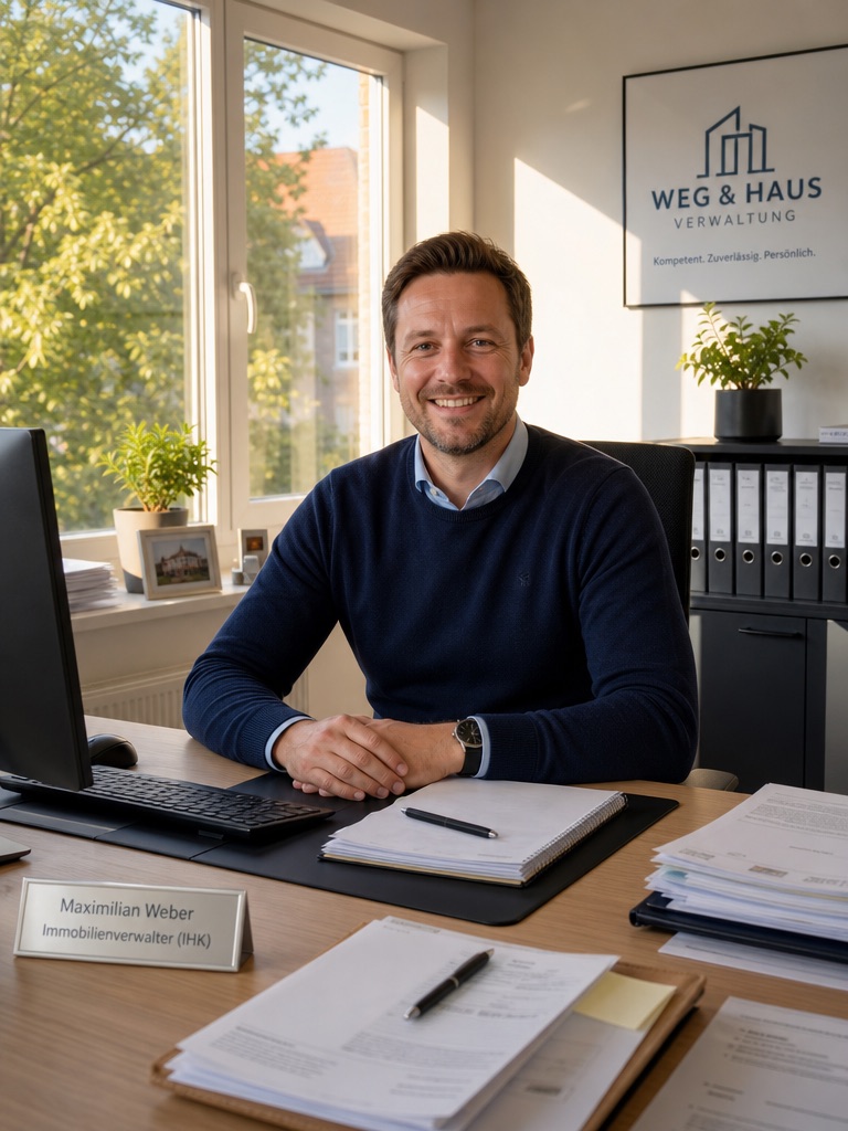 Maximilian Weber, Immobilienverwalter (IHK), an seinem Schreibtisch